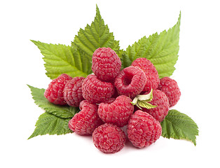 Image showing Ripe raspberry with green leaf