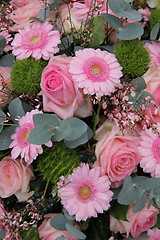 Image showing Pink gerberas and roses in a wedding arrangement