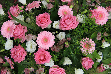 Image showing Gerberas and roses, pink bridal flowers