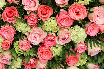 Image showing Bridal arrangement, pink roses and hydrangea