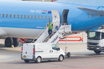 Image showing AMSTERDAM - SEPTEMBER 6: KLM plane is being inspected at Schipho