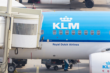 Image showing AMSTERDAM - SEPTEMBER 6: KLM plane is being loaded at Schiphol A