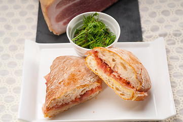 Image showing ciabatta panini sandwich with parma ham and tomato