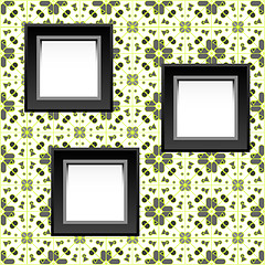 Image showing three blank white frames on baroque wallpaper