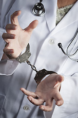 Image showing Doctor or Nurse In Handcuffs Wearing Lab Coat and Stethoscope