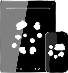 Image showing Blank mobile smart phone and digital tablet pc with cloud on the screen