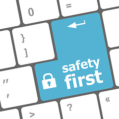 Image showing safety first, close up view on conceptual keyboard, Security blue key