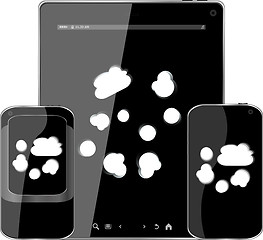 Image showing mobile smart phone and digital tablet pc with cloud on the screen