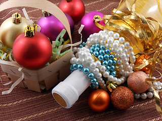 Image showing bottle champagne wine with christmas balls