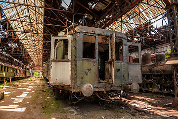 Image showing Cargo trains in old train depot