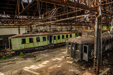 Image showing Cargo trains in old train depot