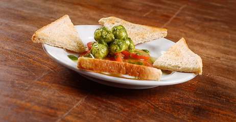 Image showing Healthy appetizer with  toast and gnocchi