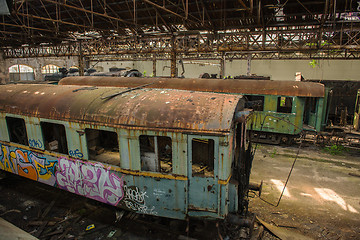 Image showing Cargo trains in old train depot