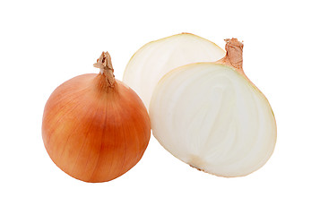 Image showing Two white onions, whole and halved