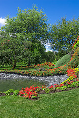 Image showing Bright summer garden with pond