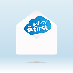 Image showing safety first on blue cloud, paper mail envelope