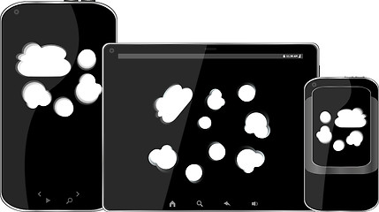 Image showing mobile smart phone and digital tablet pc with cloud on the screen