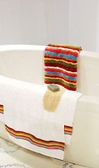 Image showing Luxury bathroom with tub and towels