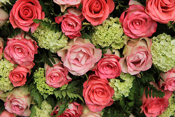 Image showing Bridal arrangement, pink roses and hydrangea