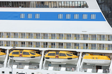 Image showing Safety lifeboats on a cruise ship