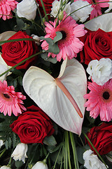 Image showing Anthurium, roses and gerberas in a bridal arrangement