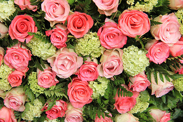 Image showing Bridal arrangement, pink roses and hydrangea