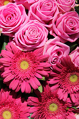 Image showing Pink roses and gerberas in a bridal arrangement