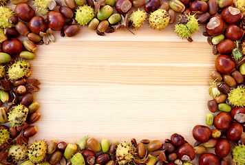 Image showing Autumn detritus border of beechnuts, conkers and acorns on wood