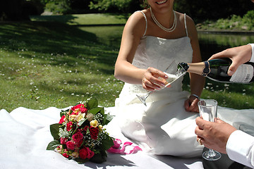 Image showing Wedding couple having champangne