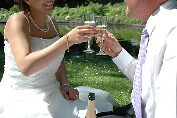 Image showing Wedding couple having champangne