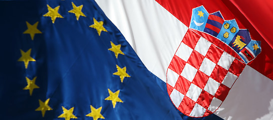 Image showing Close up of EU and Croatian flags 