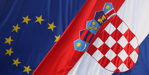 Image showing Close up EU and Croatian flags 