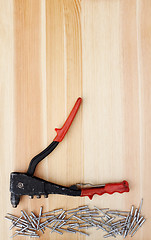 Image showing Metal pop rivets and a riveter on wood