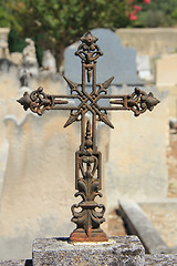 Image showing Tombstone with cross ornament at a French cemetery