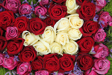 Image showing Bridal rose arrangement in red, white and pink