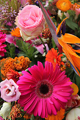 Image showing Floral arrangement in pink, red and orange