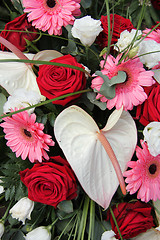 Image showing Anthurium, roses and gerberas in a bridal arrangement