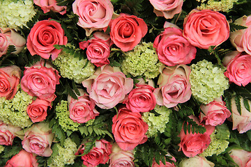 Image showing Bridal arrangement, pink roses and hydrangea