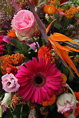 Image showing Floral arrangement in pink, red and orange