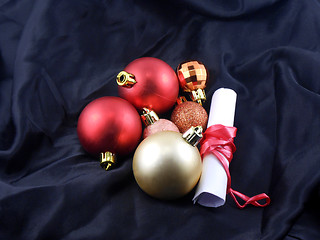 Image showing christmas balls with white paper, red gift bow