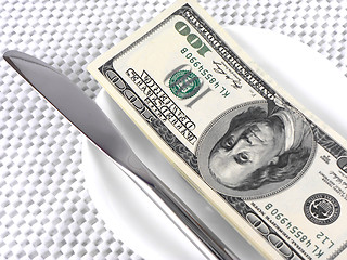 Image showing dollars money on plate with knife