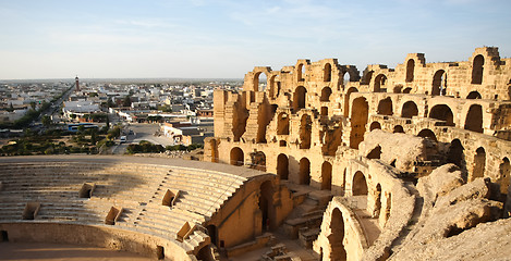 Image showing Amphitheatre with El Djem city skyline in Tunisia