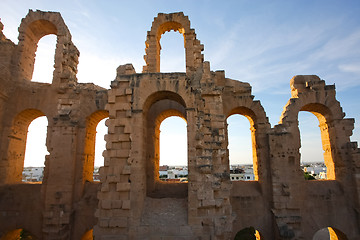 Image showing 	El Djem Amphitheatre arches with sunset