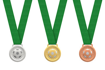 Image showing Gold, silver and bronze soccer medals