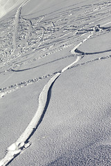 Image showing Trace of ski and snowboards in newly-fallen snow