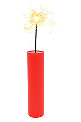 Image showing Single dynamite with burning wick on white