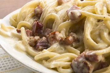 Image showing Pasta Carbonara with bacon and cheese