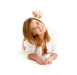 Image showing happy girl laying on the floor