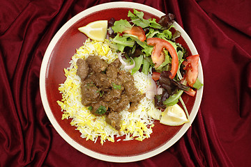 Image showing Beef rogan josh meal from above