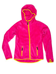 Image showing Bright red sports jacket with a hood and yellow accents